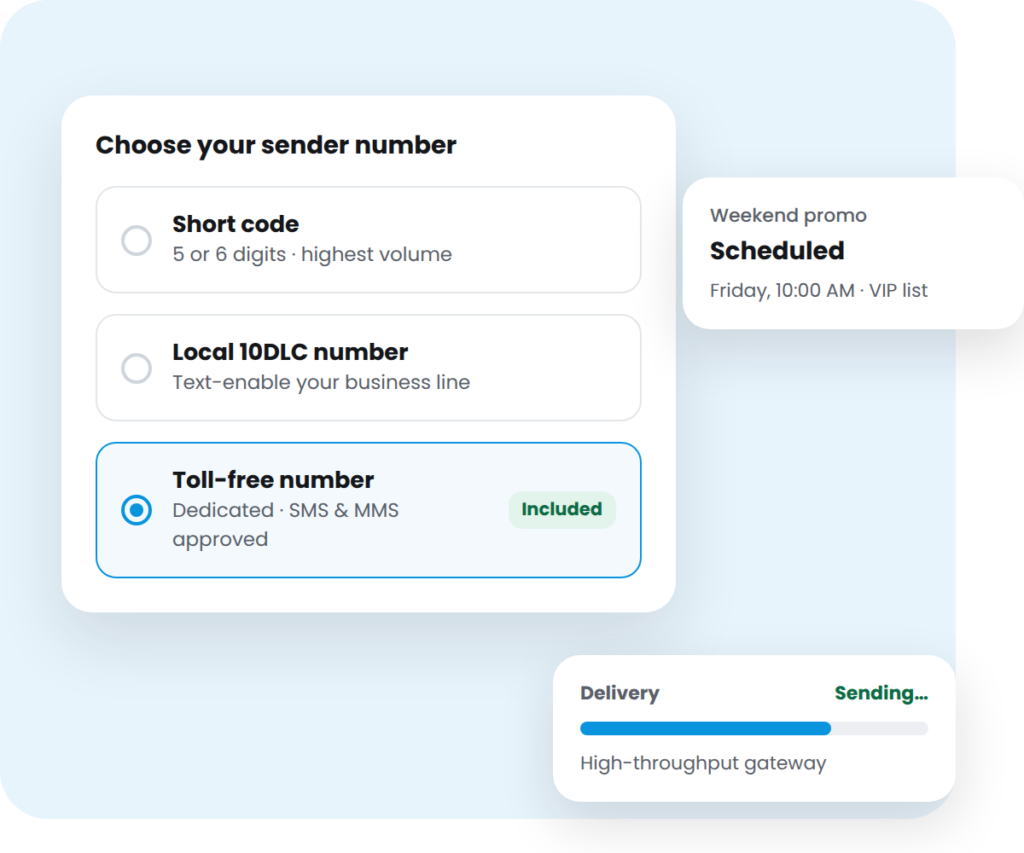 Choosing a short code, 10DLC or included toll-free number to send mass texts with iVision Mobile