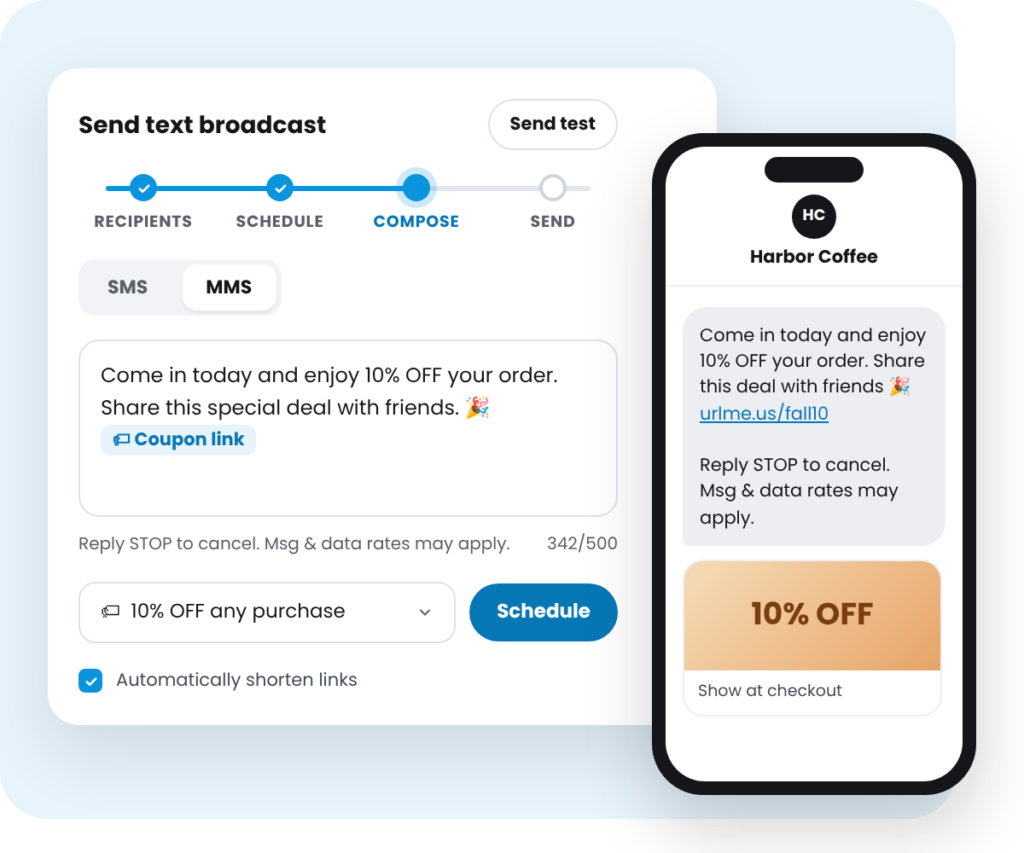 iVision Mobile SMS broadcast composer sending an MMS text coupon, with a phone preview