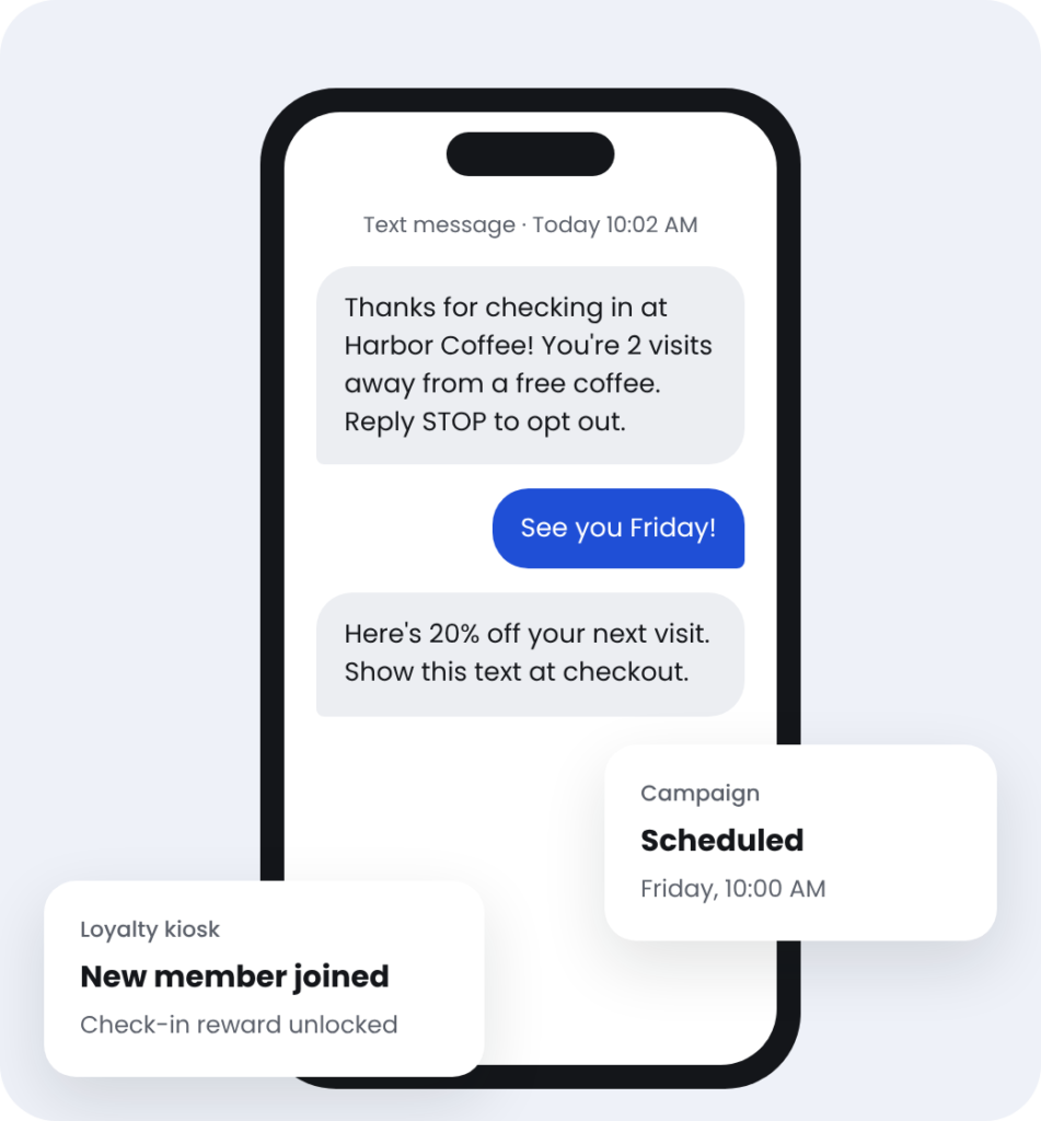 Smartphone showing SMS marketing and loyalty text messages sent with iVision Mobile