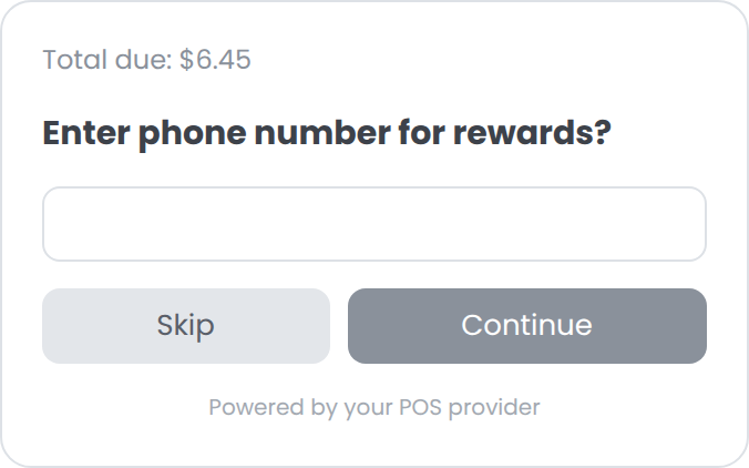 Generic POS loyalty prompt at checkout with a Skip button and POS provider branding