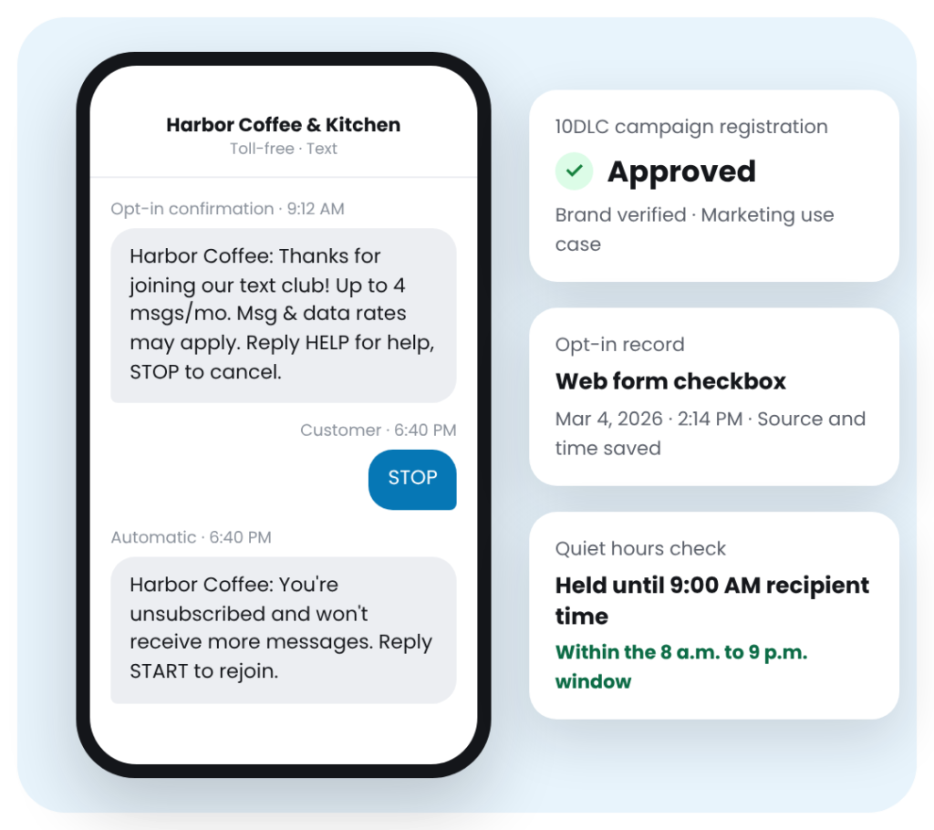 Compliant text messages: an opt-in confirmation with HELP and STOP instructions and an automatic opt-out reply, with an approved 10DLC registration, an opt-in record and a quiet-hours check